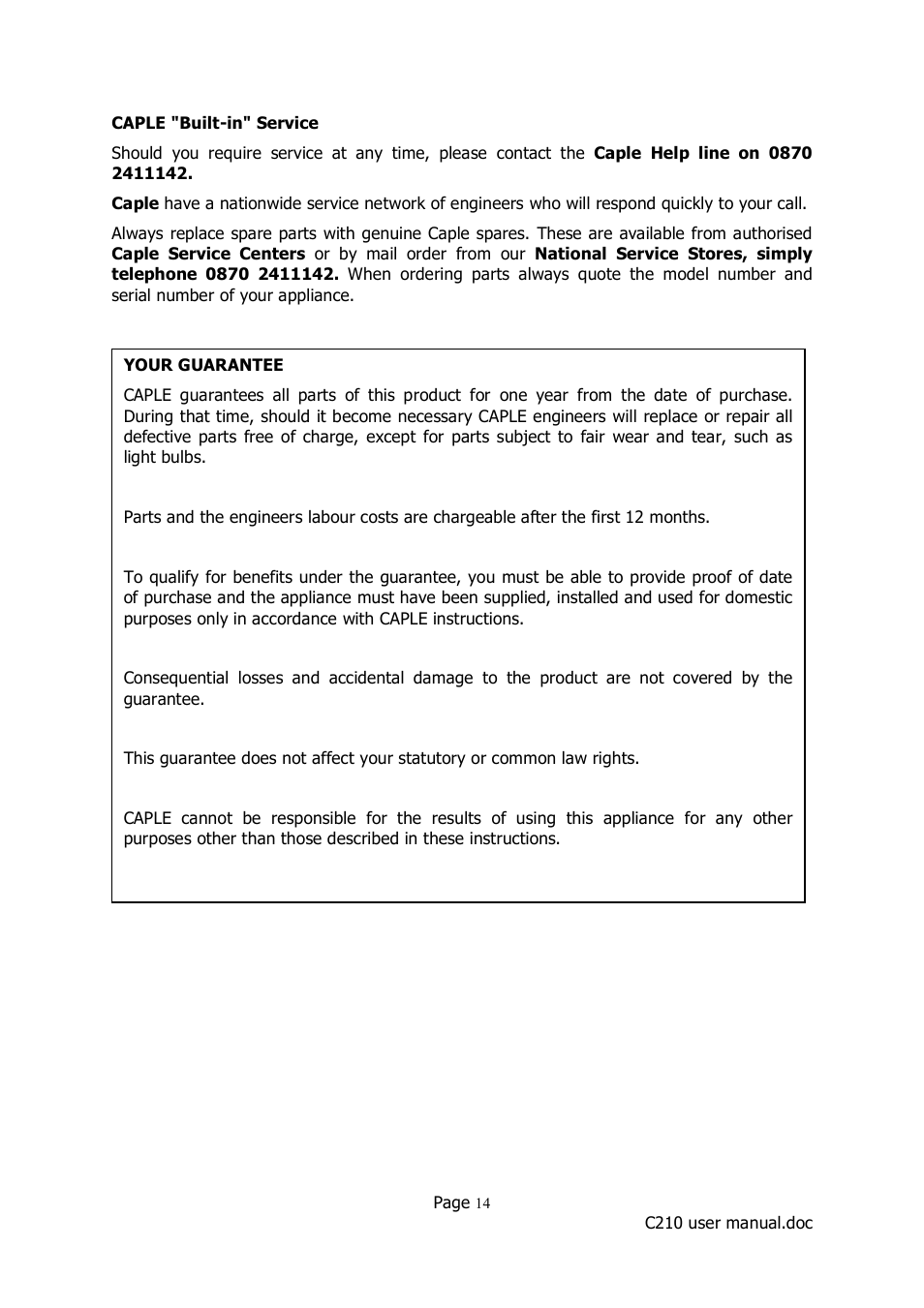 Caple C210 User Manual | Page 14 / 14