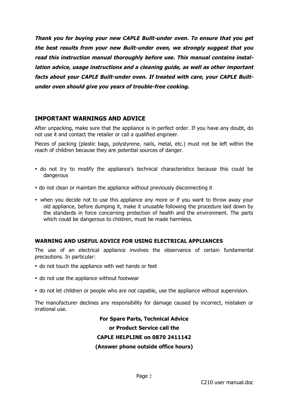 Caple C210 User Manual | Page 2 / 14