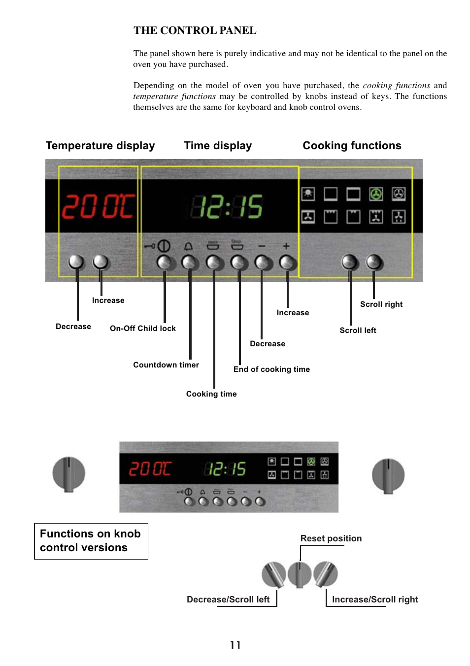 11 the control panel, Temperature display time display cooking functions, Functions on knob control versions | Caple C2470SS User Manual | Page 11 / 47