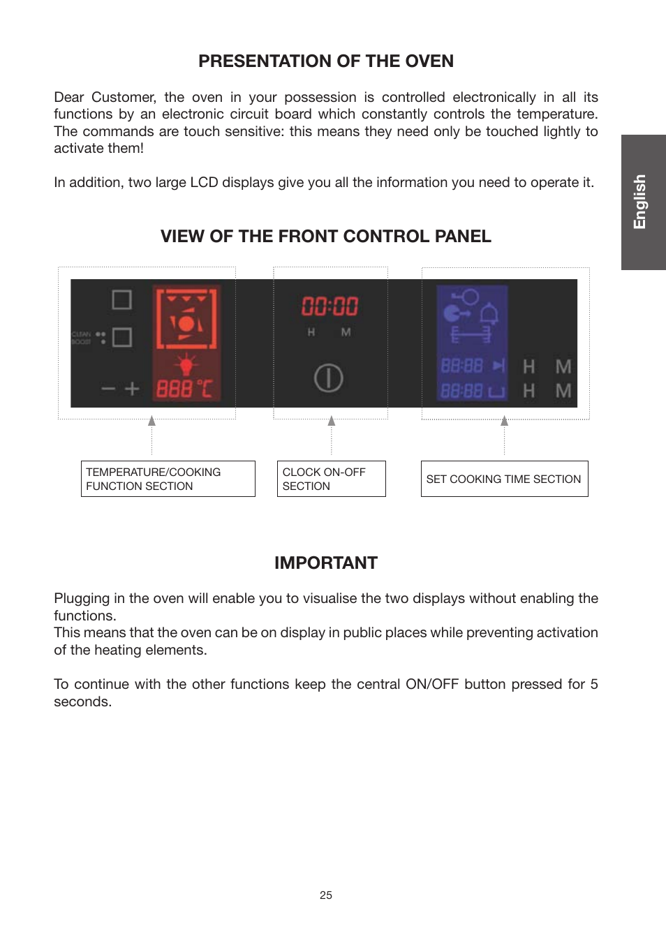 Presentation of the oven, View of the front control panel, Important | Caple C2470SS User Manual | Page 25 / 47