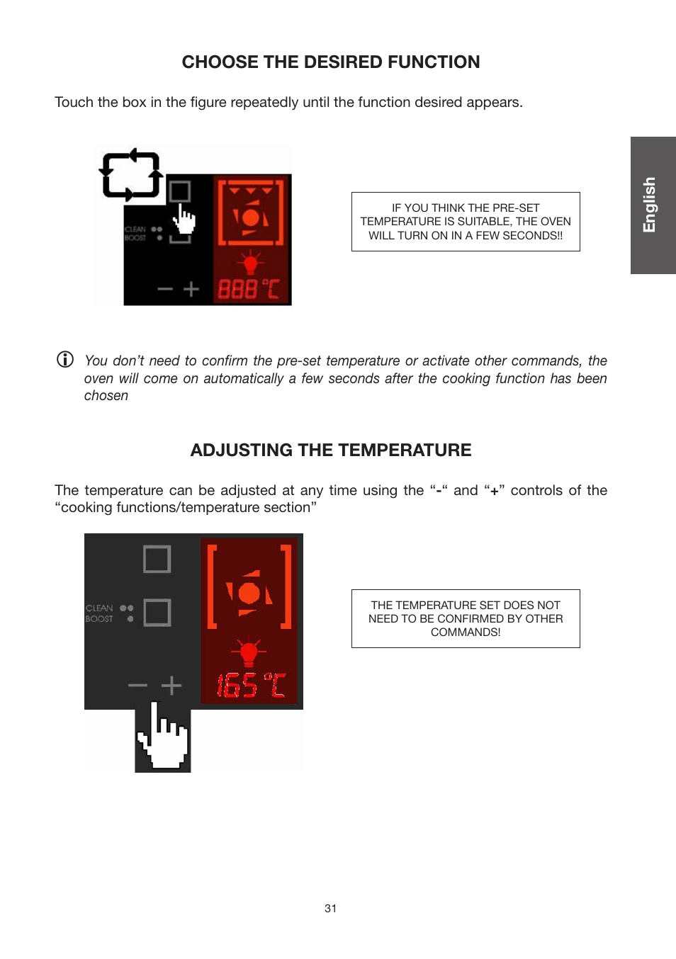 Choose the desired function, Adjusting the temperature | Caple C2470SS User Manual | Page 31 / 47