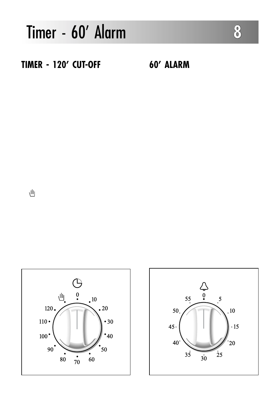 Timer - 60’ alarm 88, 60’ alarm, Timer - 120’ cut-off | Caple C232SS User Manual | Page 19 / 32