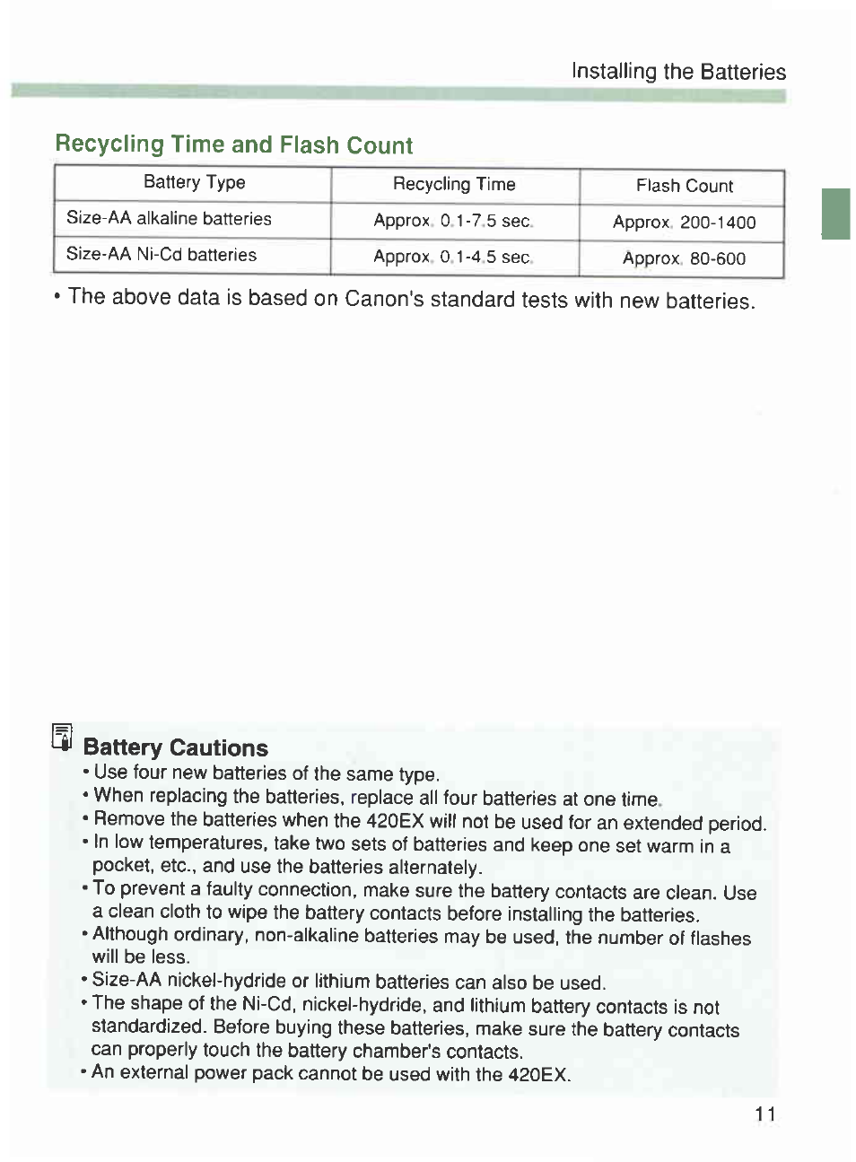 Recycling time and flash count, Ibattery cautions | Canon 420EX User Manual | Page 11 / 56