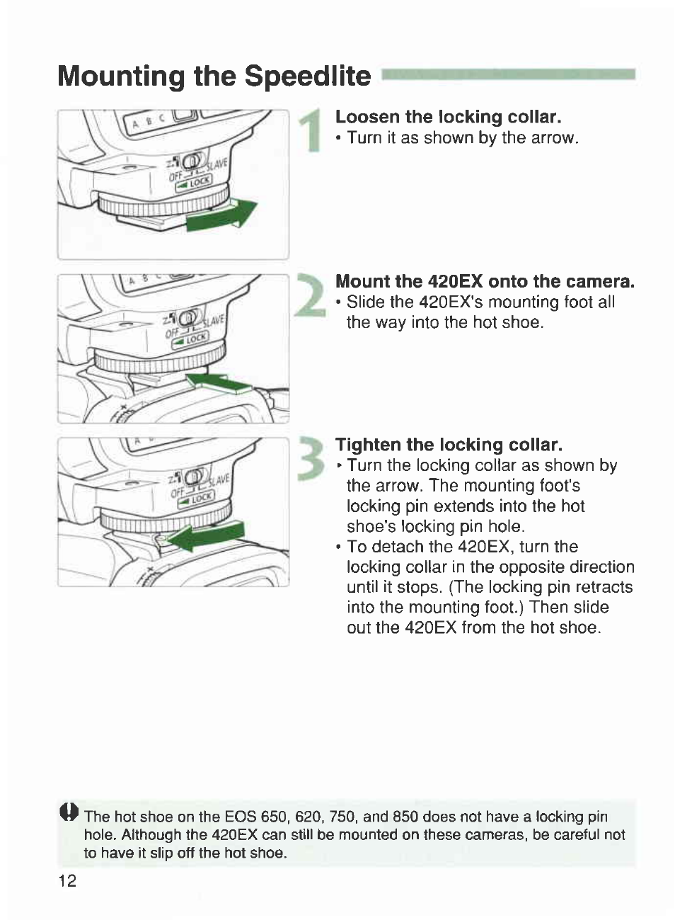 Mounting the speedlite | Canon 420EX User Manual | Page 12 / 56