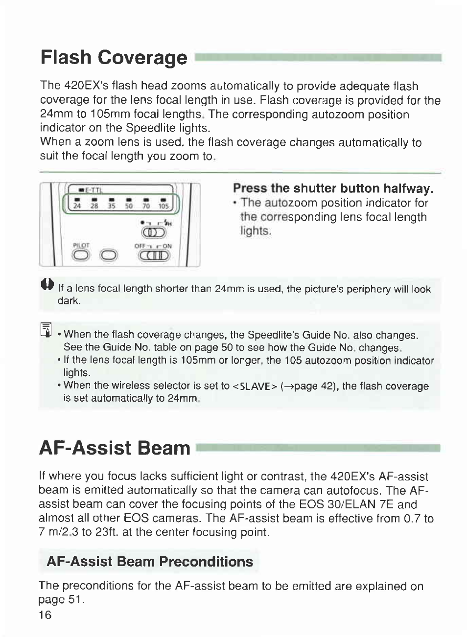Flash coverage, Af-assist beam, Oi' o | Criri: 1, Press the shutter button halfway, Af-assist beam preconditions | Canon 420EX User Manual | Page 16 / 56