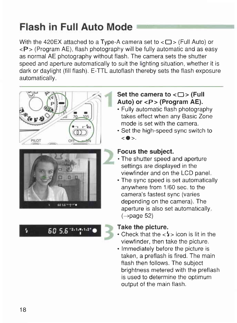 Flash in full auto mode, Focus the subject, Take the picture | Canon 420EX User Manual | Page 18 / 56