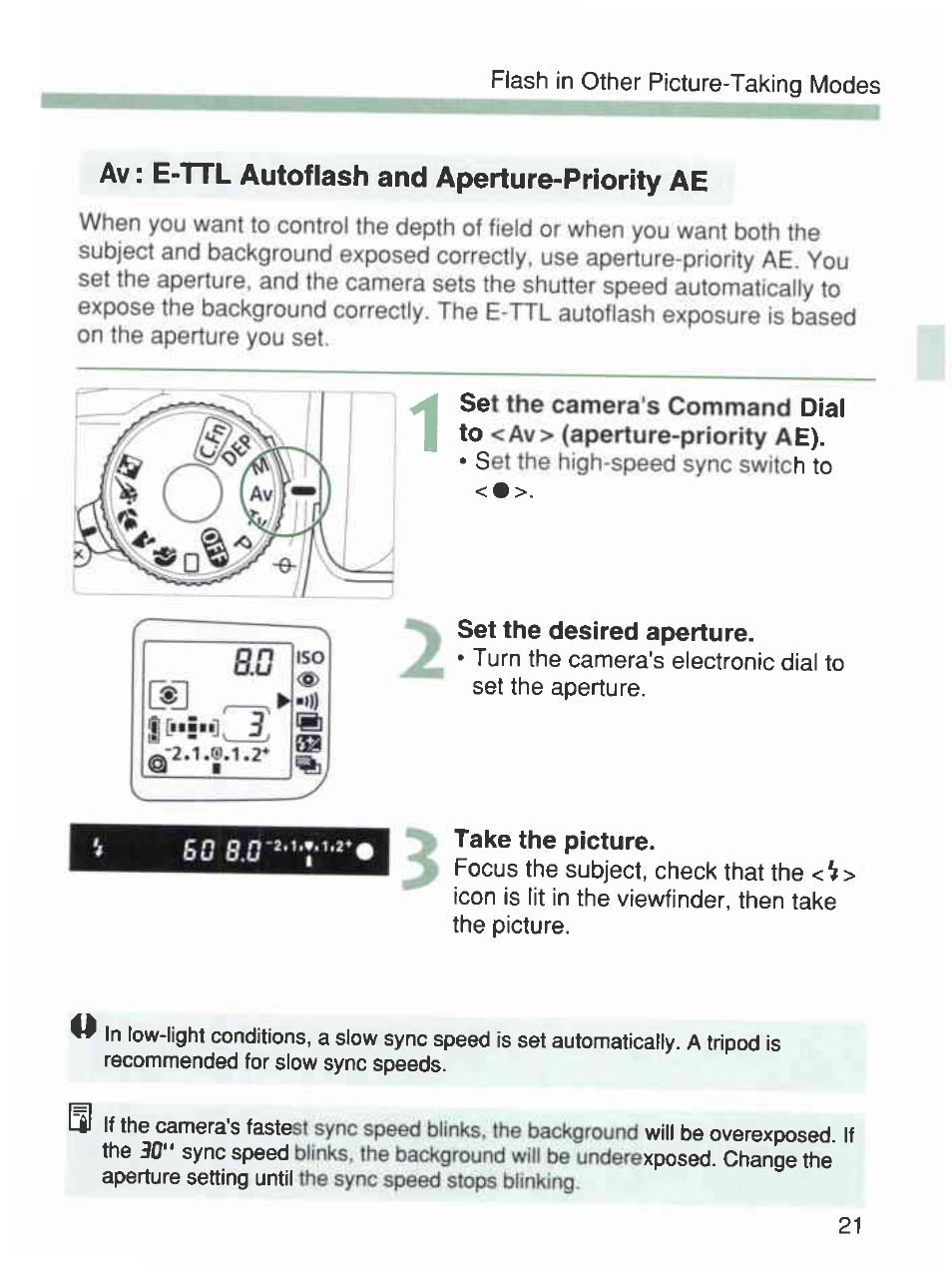 Av: e-ttl autoflash and aperture-priority ae, Set the desired aperture, Take the picture | Canon 420EX User Manual | Page 21 / 56