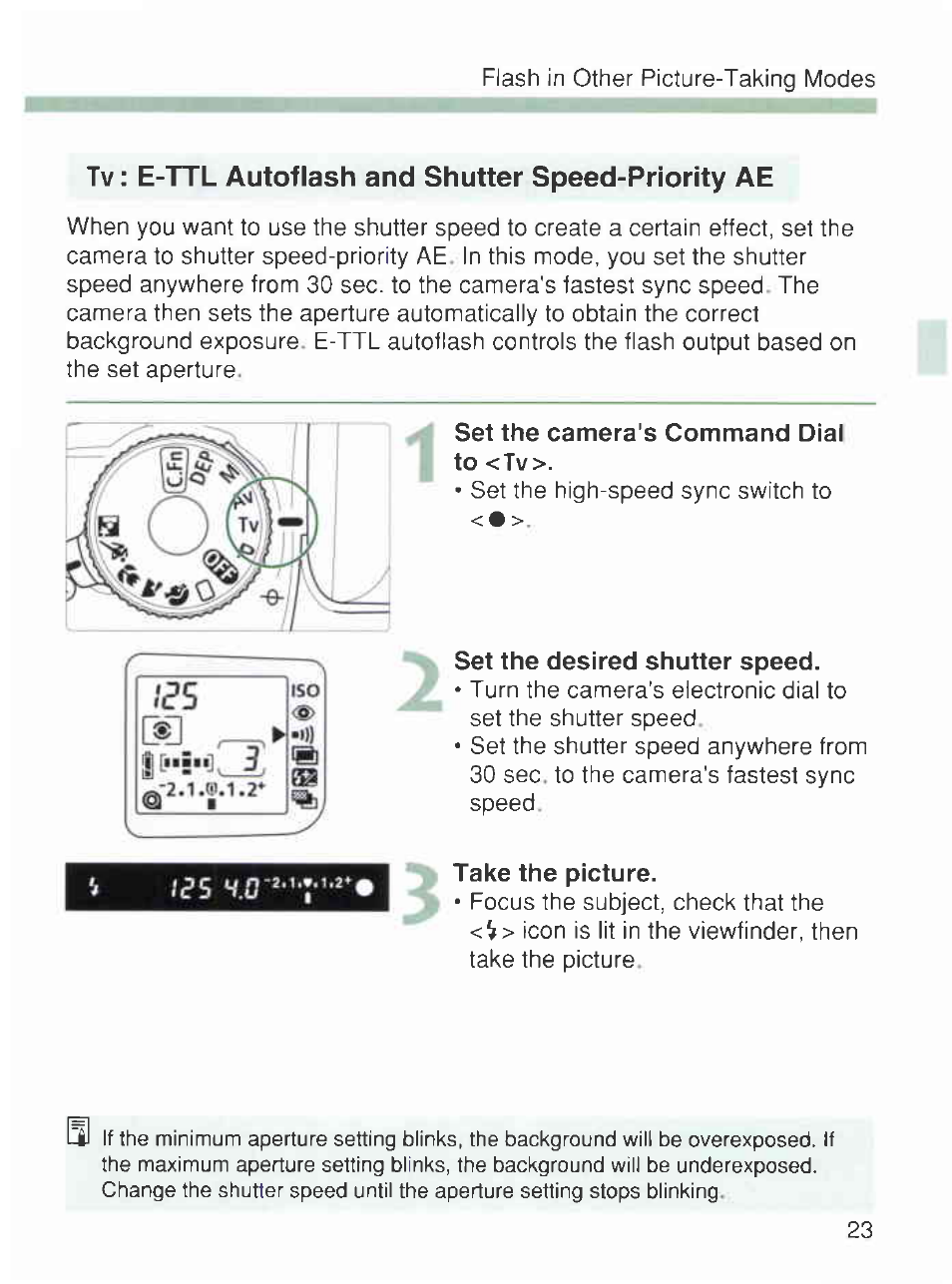 Tv: e-ttl autoflash and shutter speed-priority ae, Set the camera's command dial to <tv, Set the desired shutter speed | Take the picture | Canon 420EX User Manual | Page 23 / 56