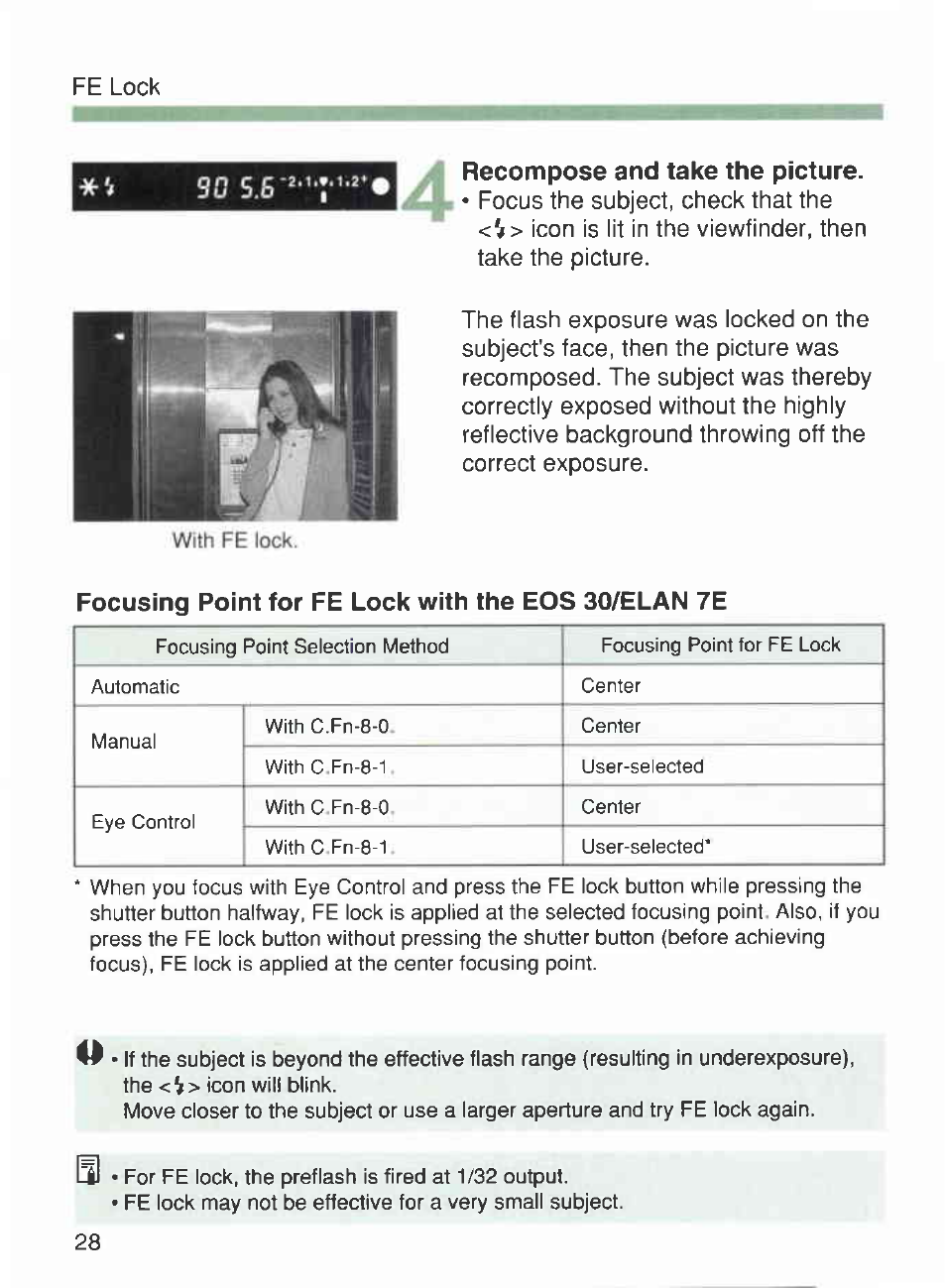Recompose and take the picture, Focusing point for fe lock with the eos 30/elan 7e | Canon 420EX User Manual | Page 28 / 56