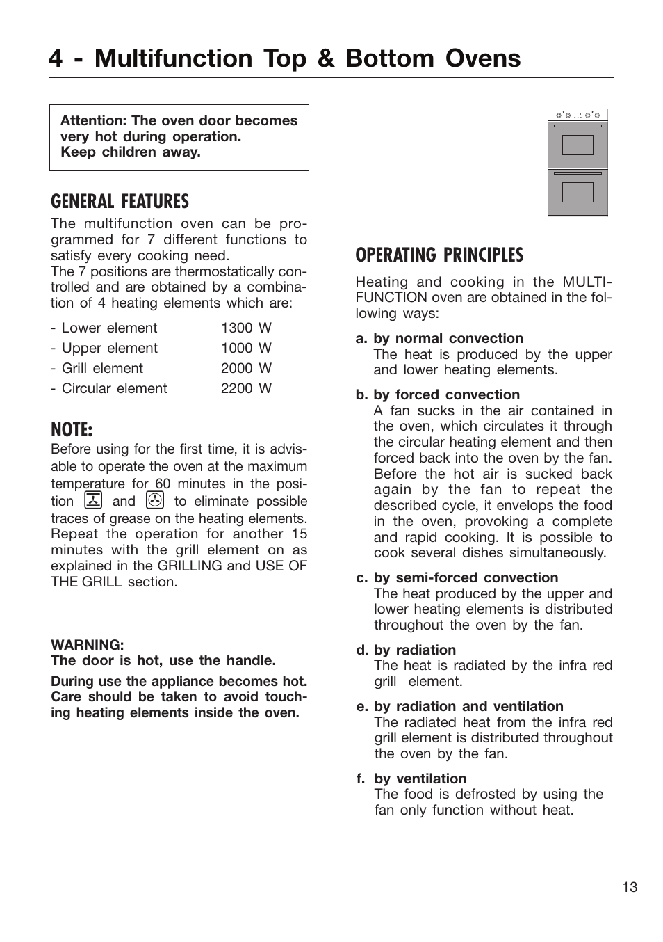 4 - multifunction top & bottom ovens, Operating principles, General features | Caple C3400 User Manual | Page 13 / 32