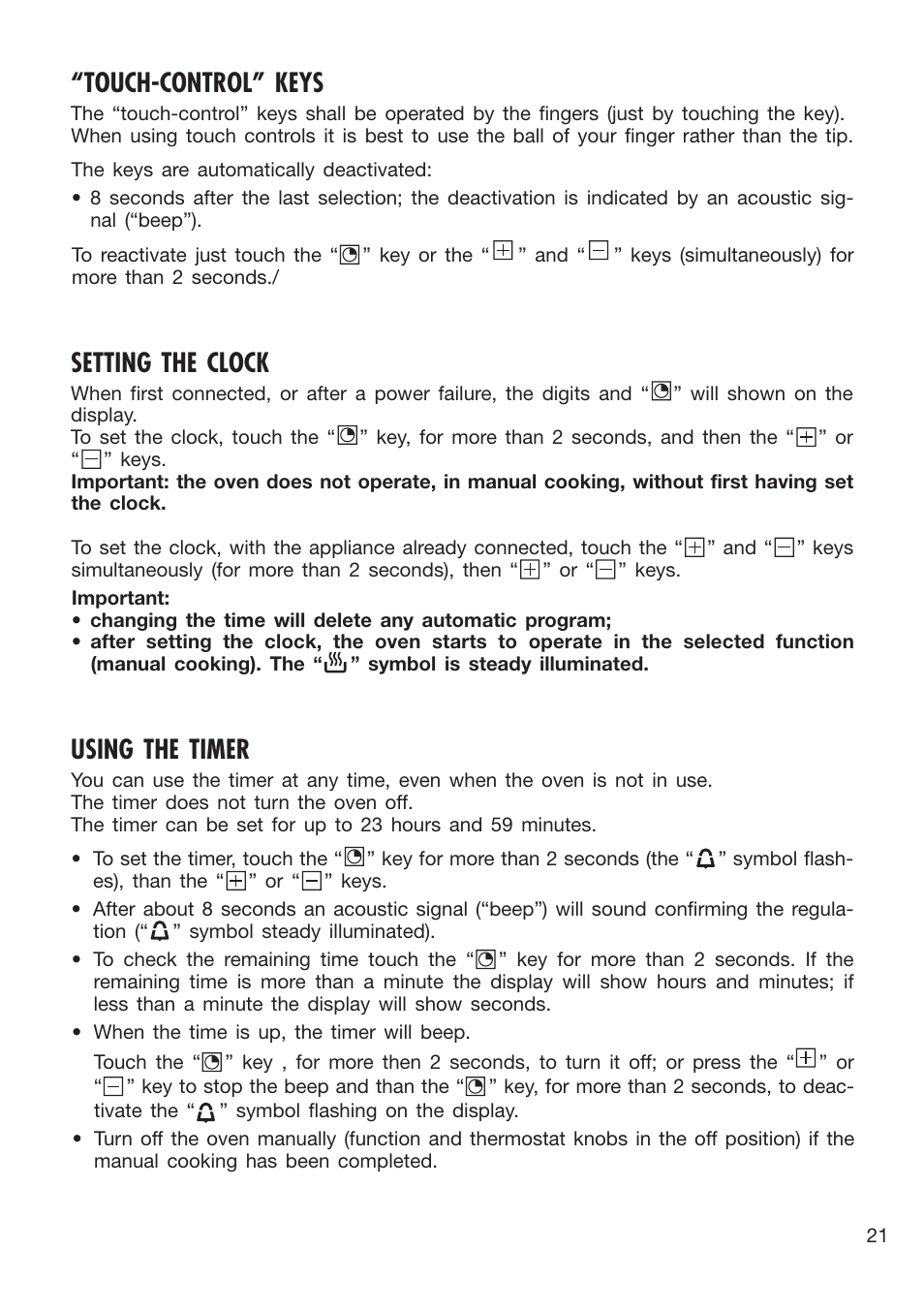 Touch-control” keys, Setting the clock, Using the timer | Caple C3400 User Manual | Page 21 / 32