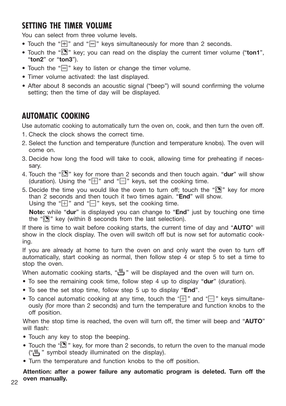 Setting the timer volume, Automatic cooking | Caple C3400 User Manual | Page 22 / 32