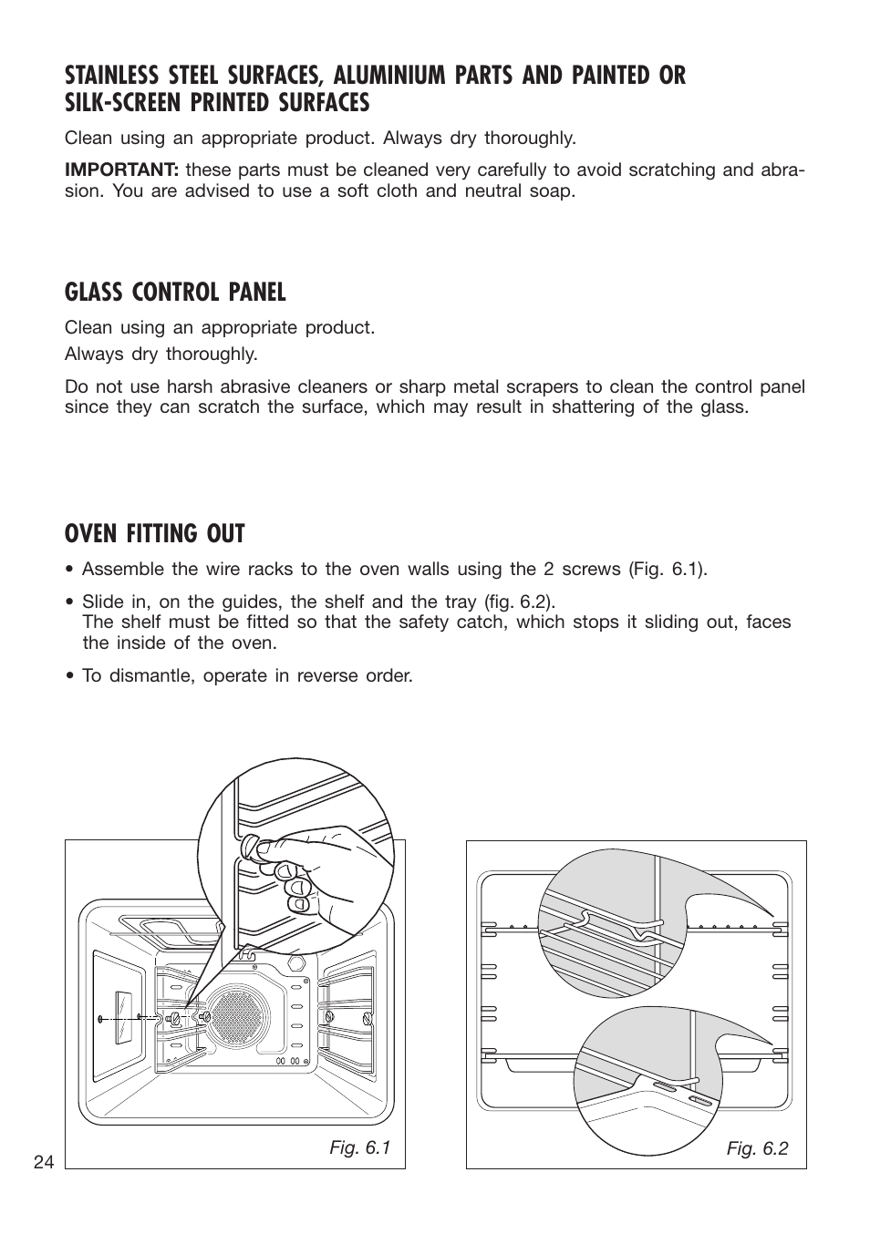 Stainless steel surfaces, Glass control panel, Oven fitting out | Caple C3400 User Manual | Page 24 / 32