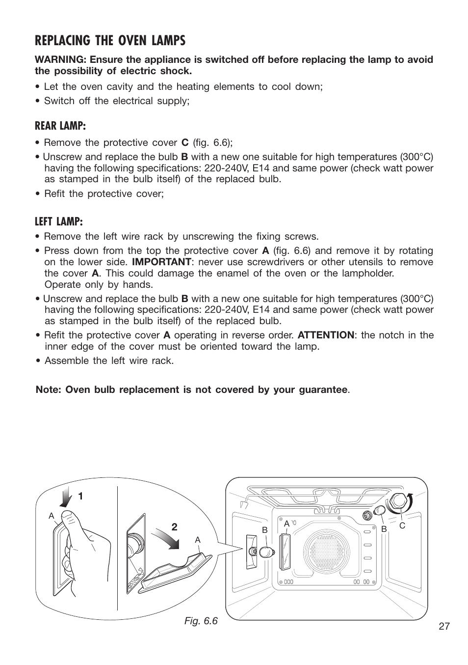 Replacing the oven lamps | Caple C3400 User Manual | Page 27 / 32