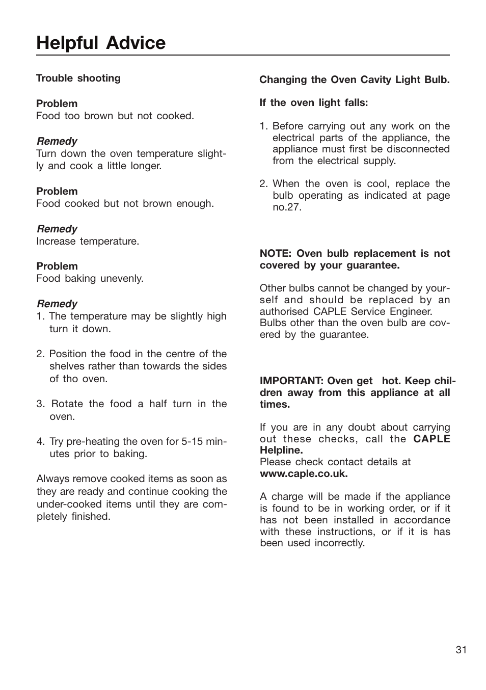 Helpful advice | Caple C3400 User Manual | Page 31 / 32