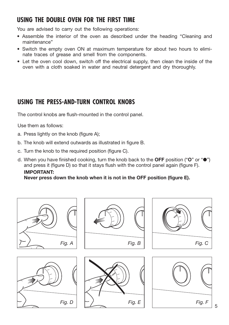 Using the double oven for the first time, Using the press-and-turn control knobs | Caple C3400 User Manual | Page 5 / 32