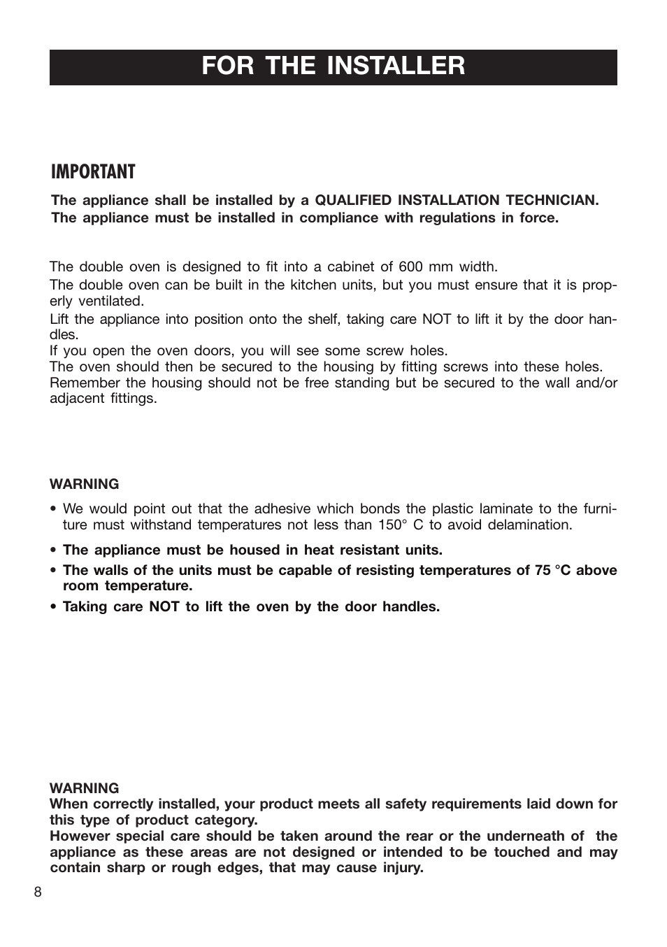 For the installer, Important | Caple C3400 User Manual | Page 8 / 32