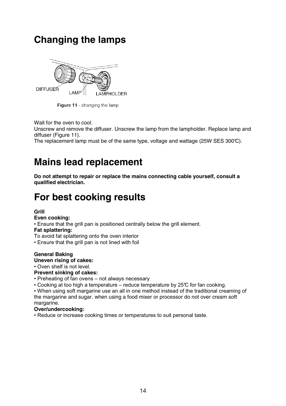 Changing the lamps, Mains lead replacement, For best cooking results | Caple C3232 User Manual | Page 14 / 15