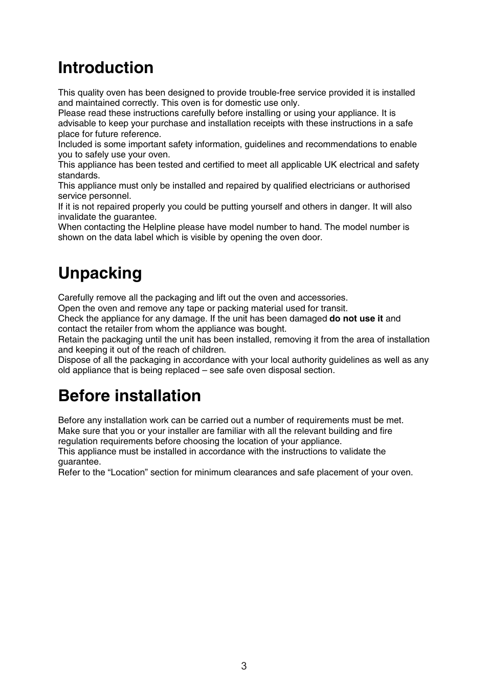 Introduction, Unpacking, Before installation | Caple C3232 User Manual | Page 3 / 15