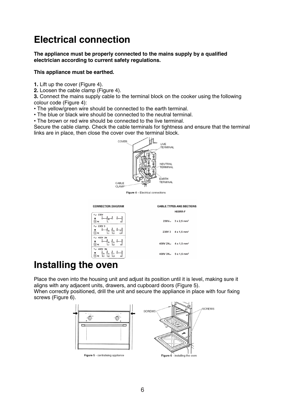 Electrical connection, Installing the oven | Caple C3232 User Manual | Page 6 / 15