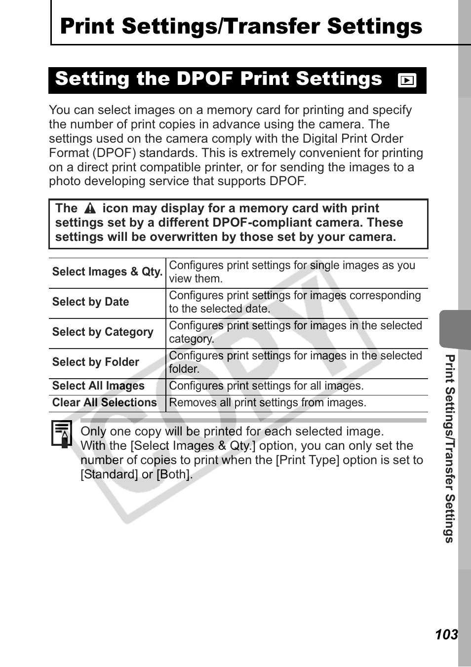 Print settings/transfer settings, Setting the dpof print settings | Canon Leather Soft Case 70 User Manual | Page 105 / 163