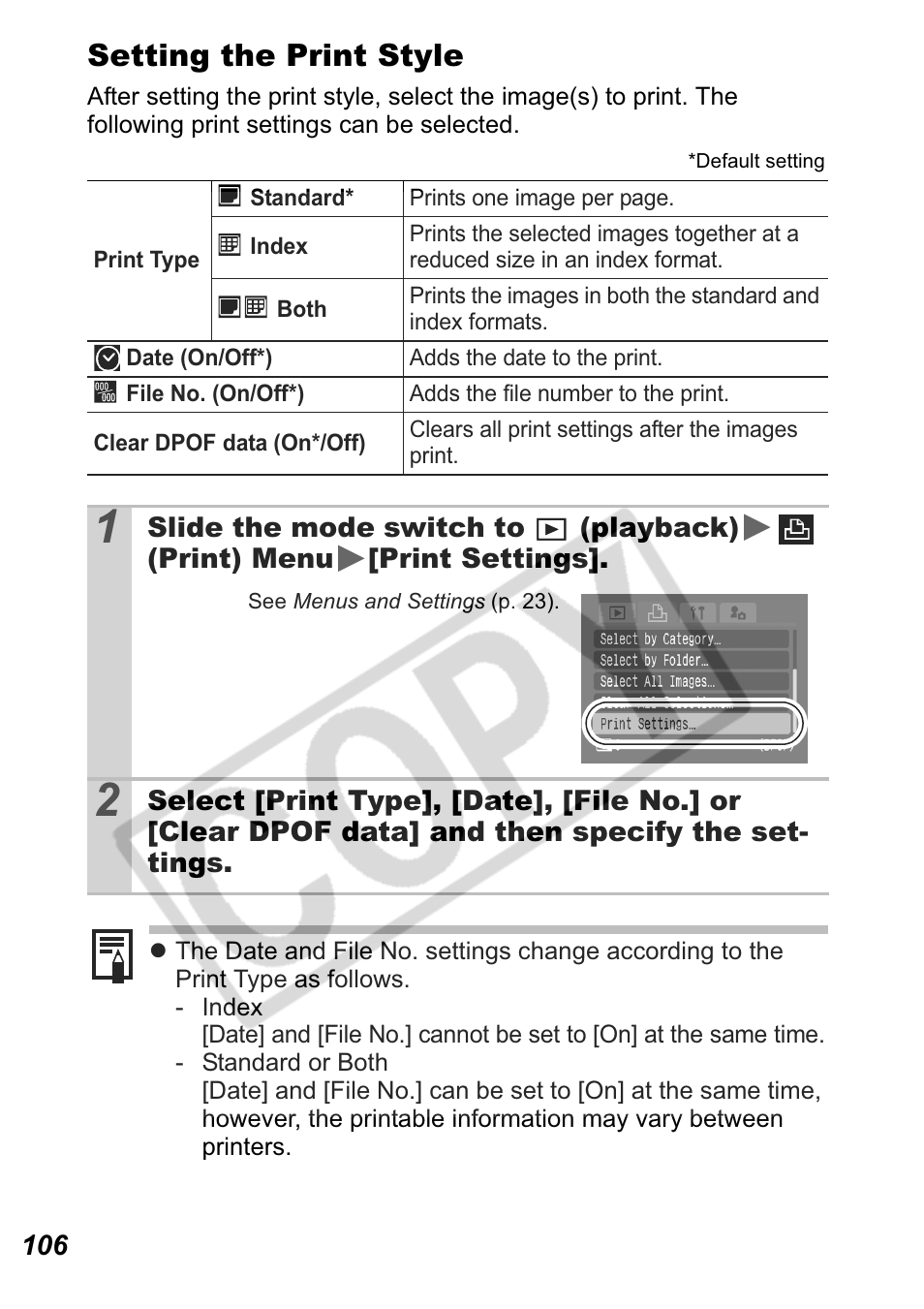 Setting the print style | Canon Leather Soft Case 70 User Manual | Page 108 / 163