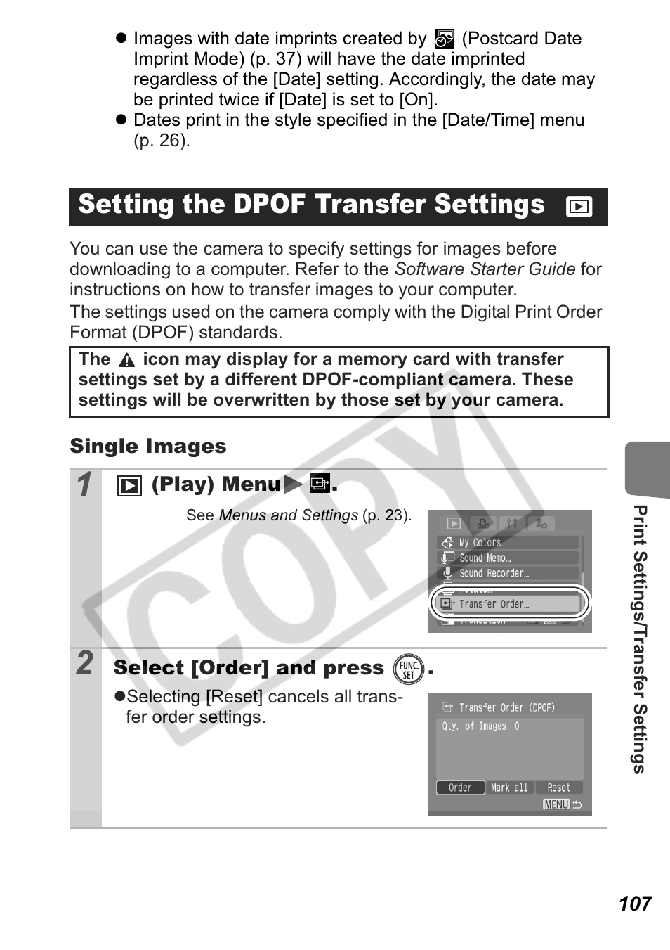 Setting the dpof transfer settings | Canon Leather Soft Case 70 User Manual | Page 109 / 163