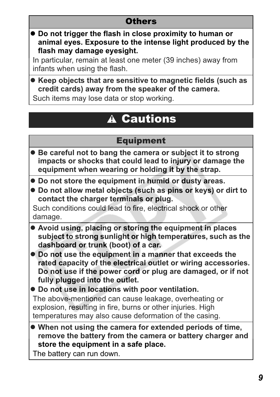 Cautions | Canon Leather Soft Case 70 User Manual | Page 11 / 163