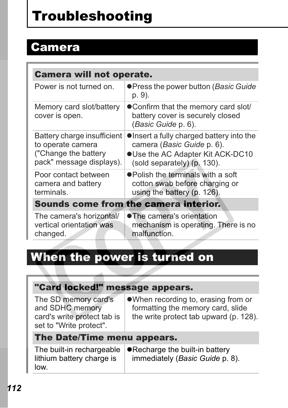 Troubleshooting, Camera, When the power is turned on | Canon Leather Soft Case 70 User Manual | Page 114 / 163