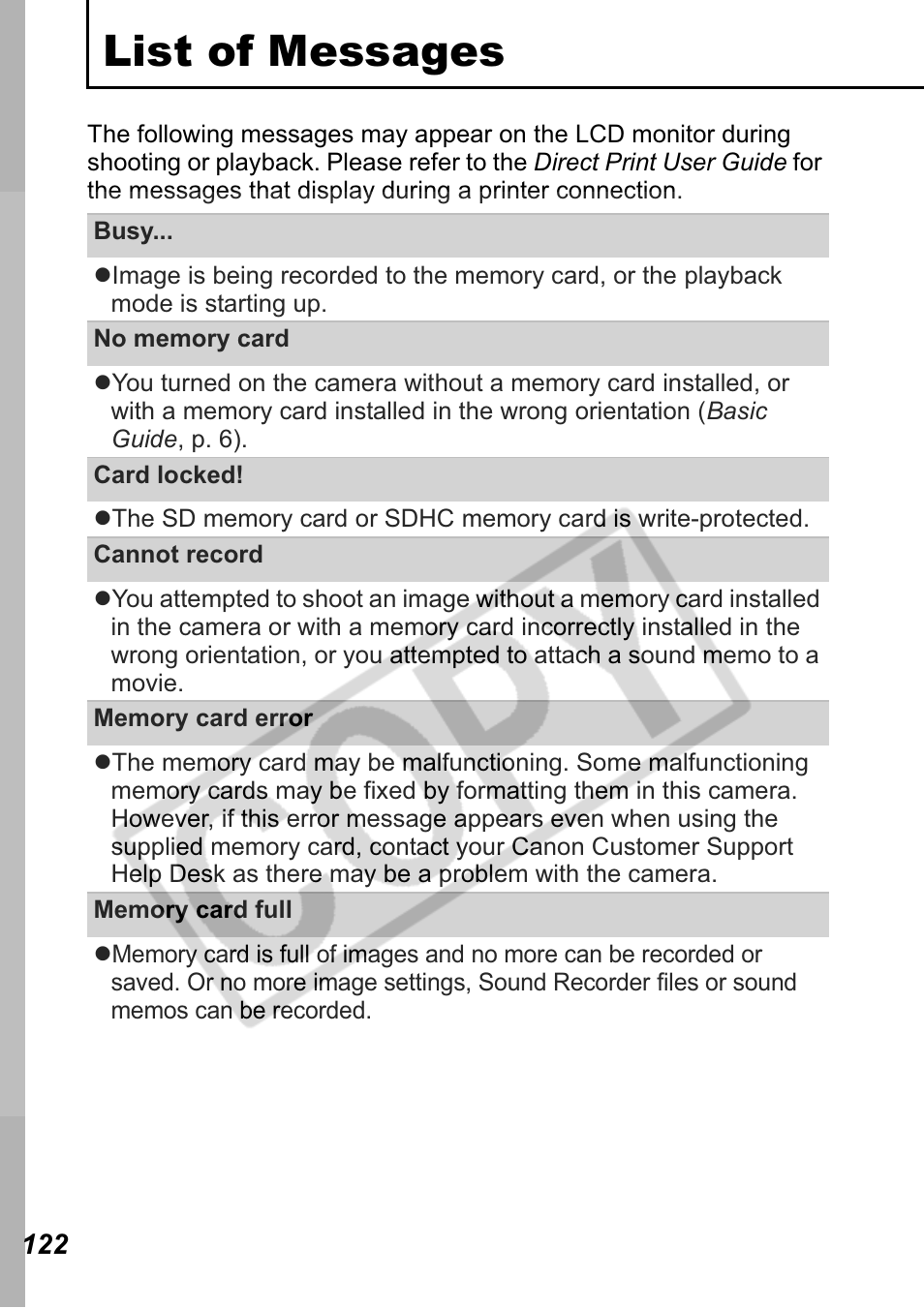 List of messages | Canon Leather Soft Case 70 User Manual | Page 124 / 163