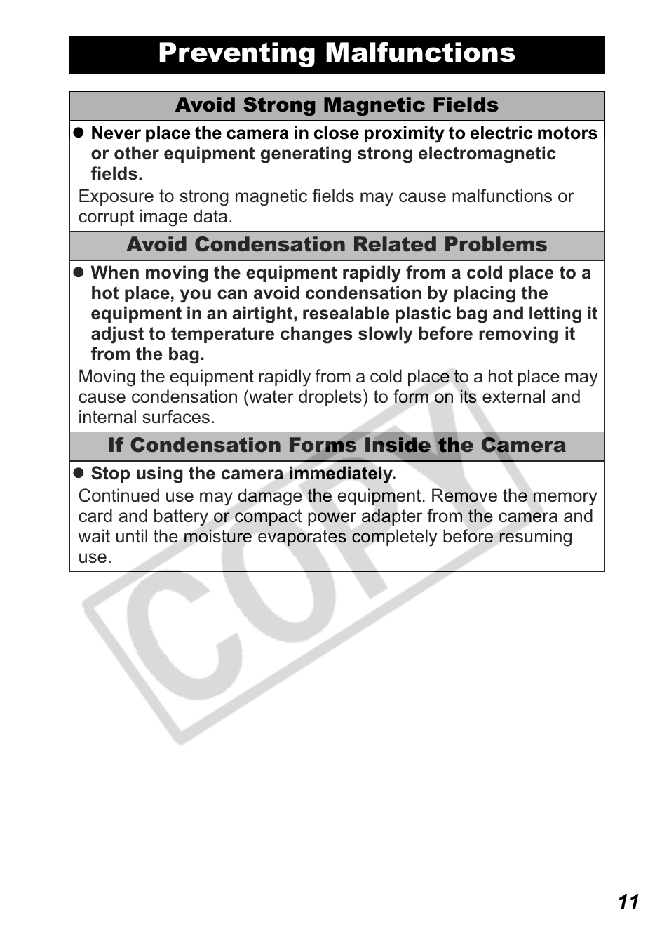 Preventing malfunctions | Canon Leather Soft Case 70 User Manual | Page 13 / 163