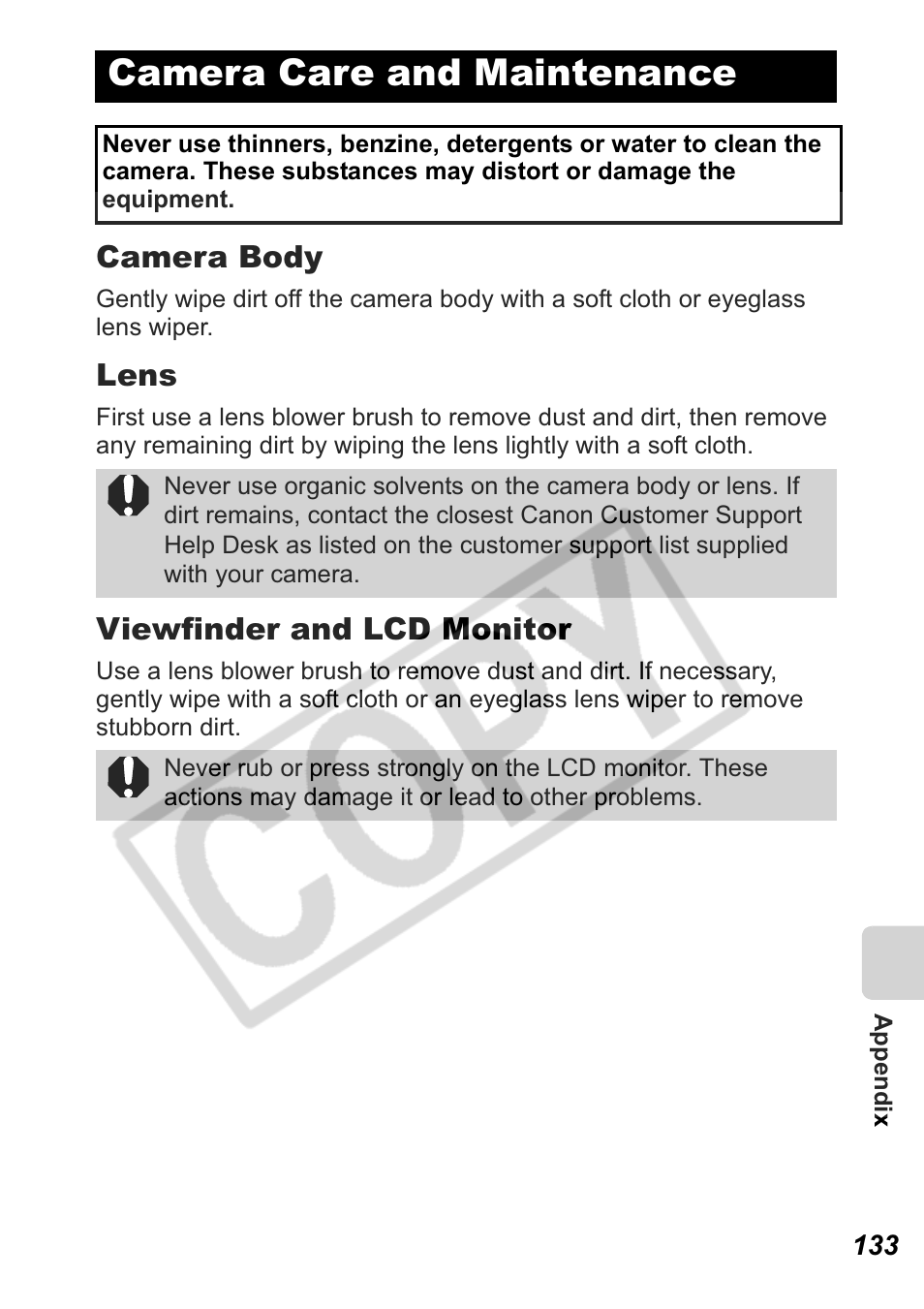 Camera care and maintenance, Camera body, Lens | Viewfinder and lcd monitor | Canon Leather Soft Case 70 User Manual | Page 135 / 163