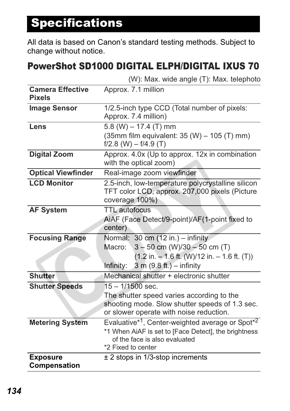 Specifications | Canon Leather Soft Case 70 User Manual | Page 136 / 163