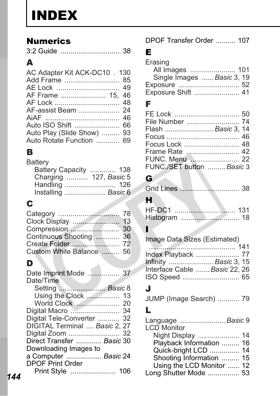 Index | Canon Leather Soft Case 70 User Manual | Page 146 / 163