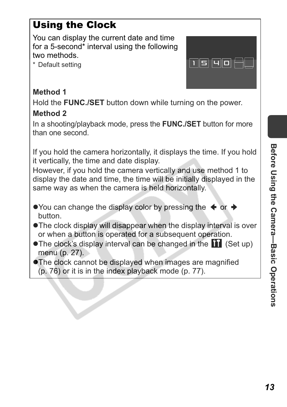 Using the clock | Canon Leather Soft Case 70 User Manual | Page 15 / 163