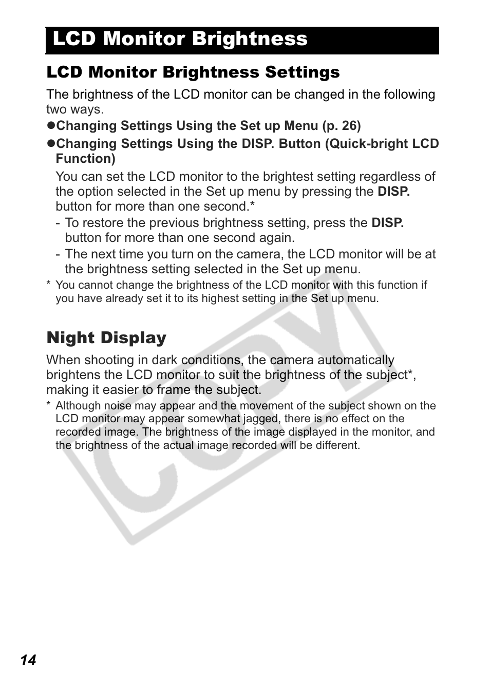 Lcd monitor brightness, Lcd monitor brightness settings, Night display | Canon Leather Soft Case 70 User Manual | Page 16 / 163
