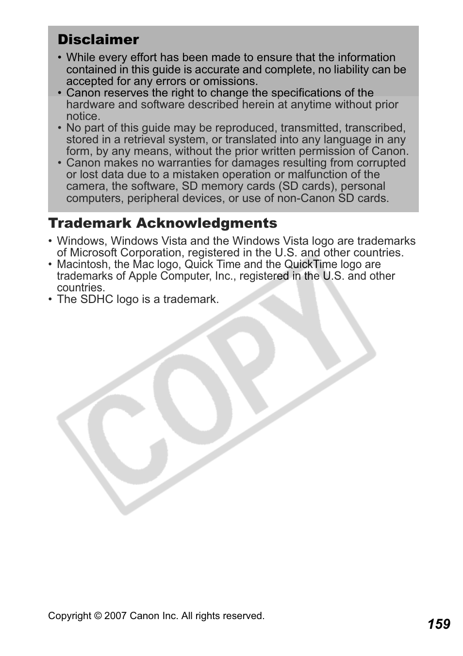 159 trademark acknowledgments, Disclaimer | Canon Leather Soft Case 70 User Manual | Page 161 / 163