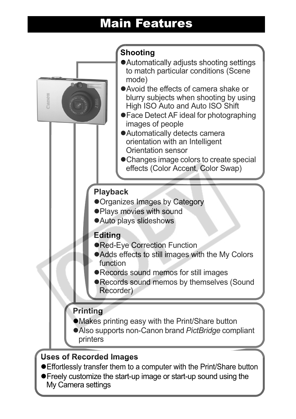 Main features | Canon Leather Soft Case 70 User Manual | Page 2 / 163