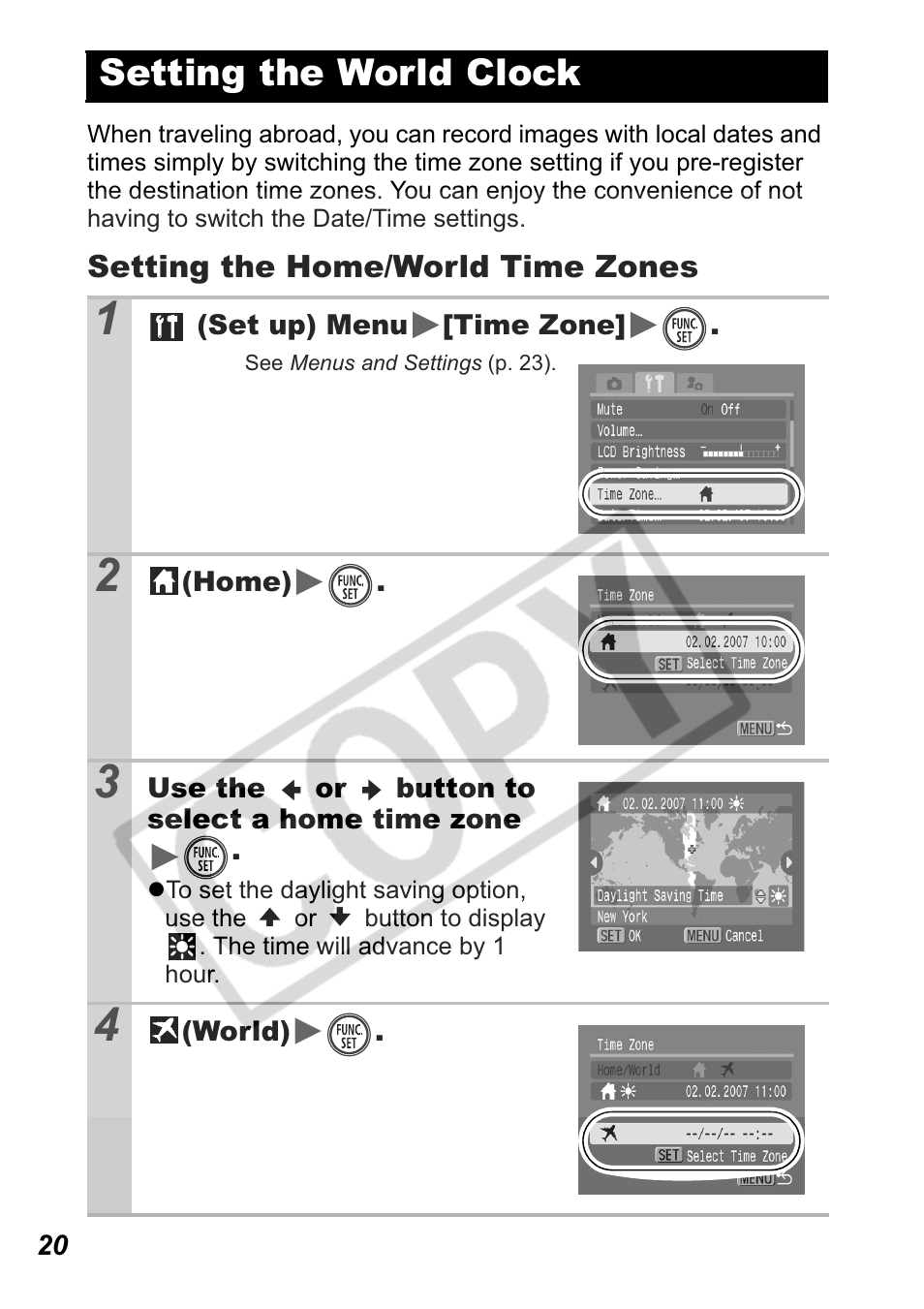 Setting the world clock | Canon Leather Soft Case 70 User Manual | Page 22 / 163