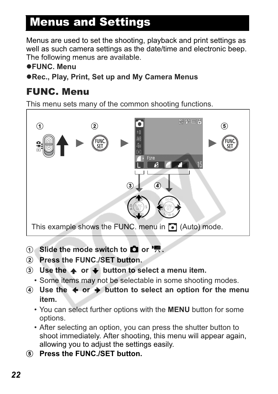 Menus and settings, Func. menu | Canon Leather Soft Case 70 User Manual | Page 24 / 163