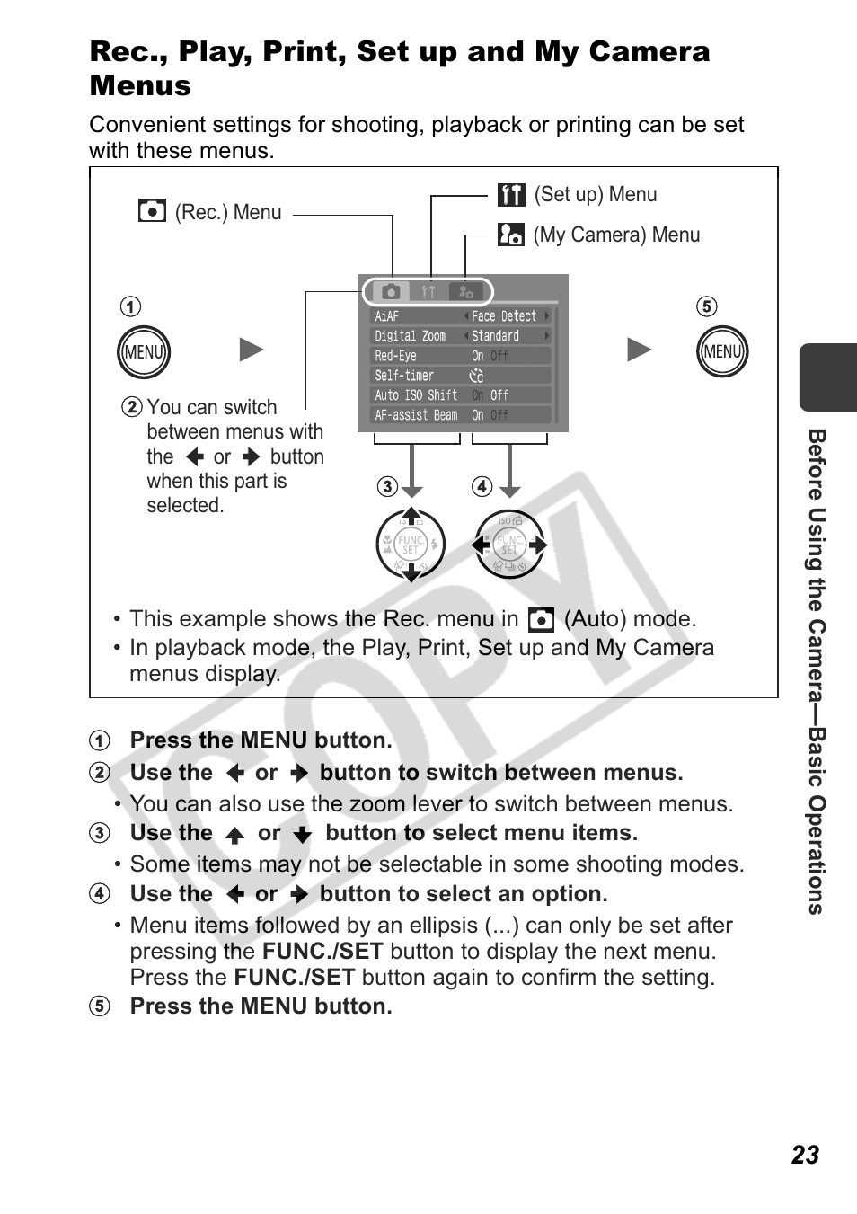 Rec., play, print, set up and my camera menus | Canon Leather Soft Case 70 User Manual | Page 25 / 163