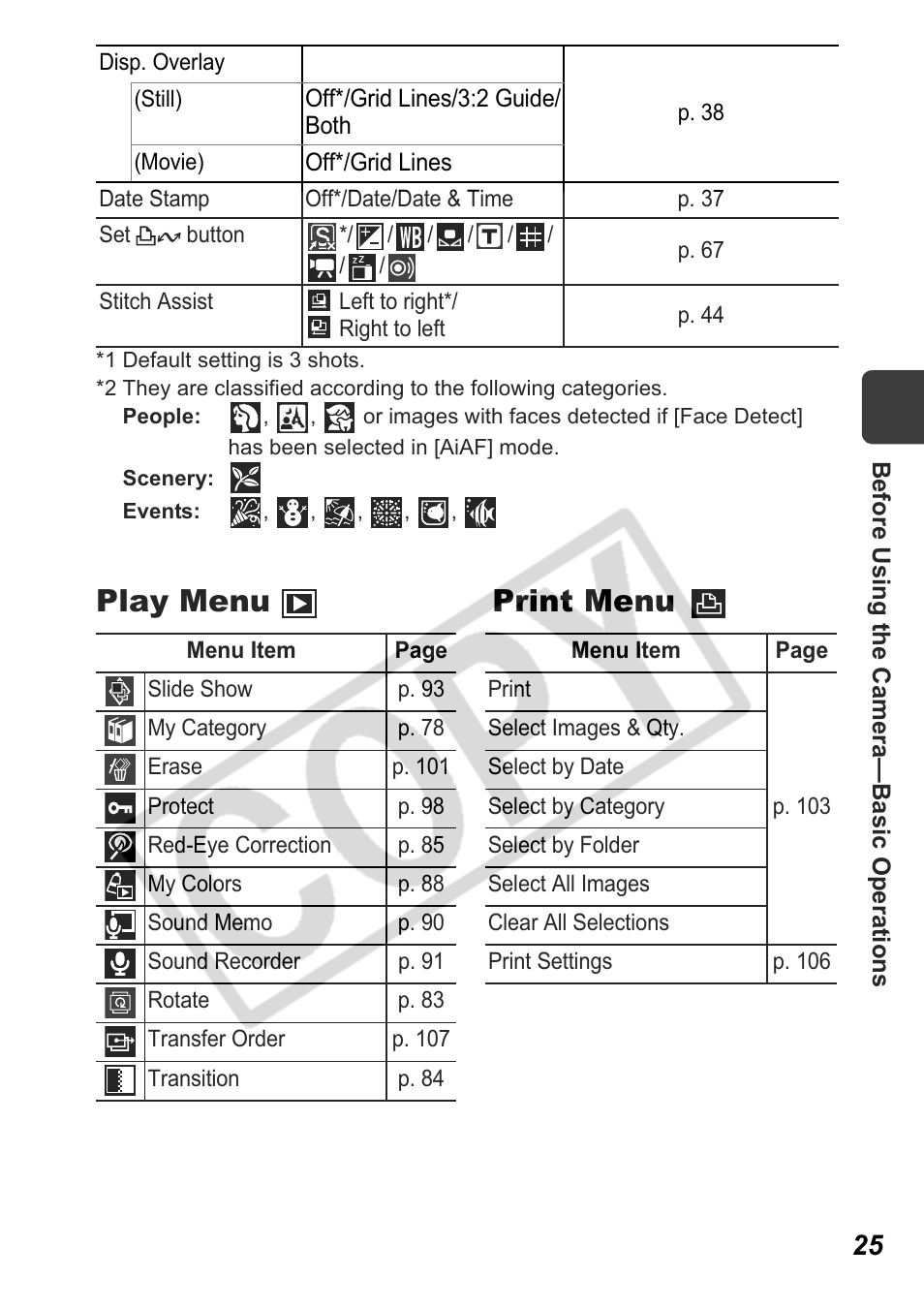 Play menu print menu | Canon Leather Soft Case 70 User Manual | Page 27 / 163