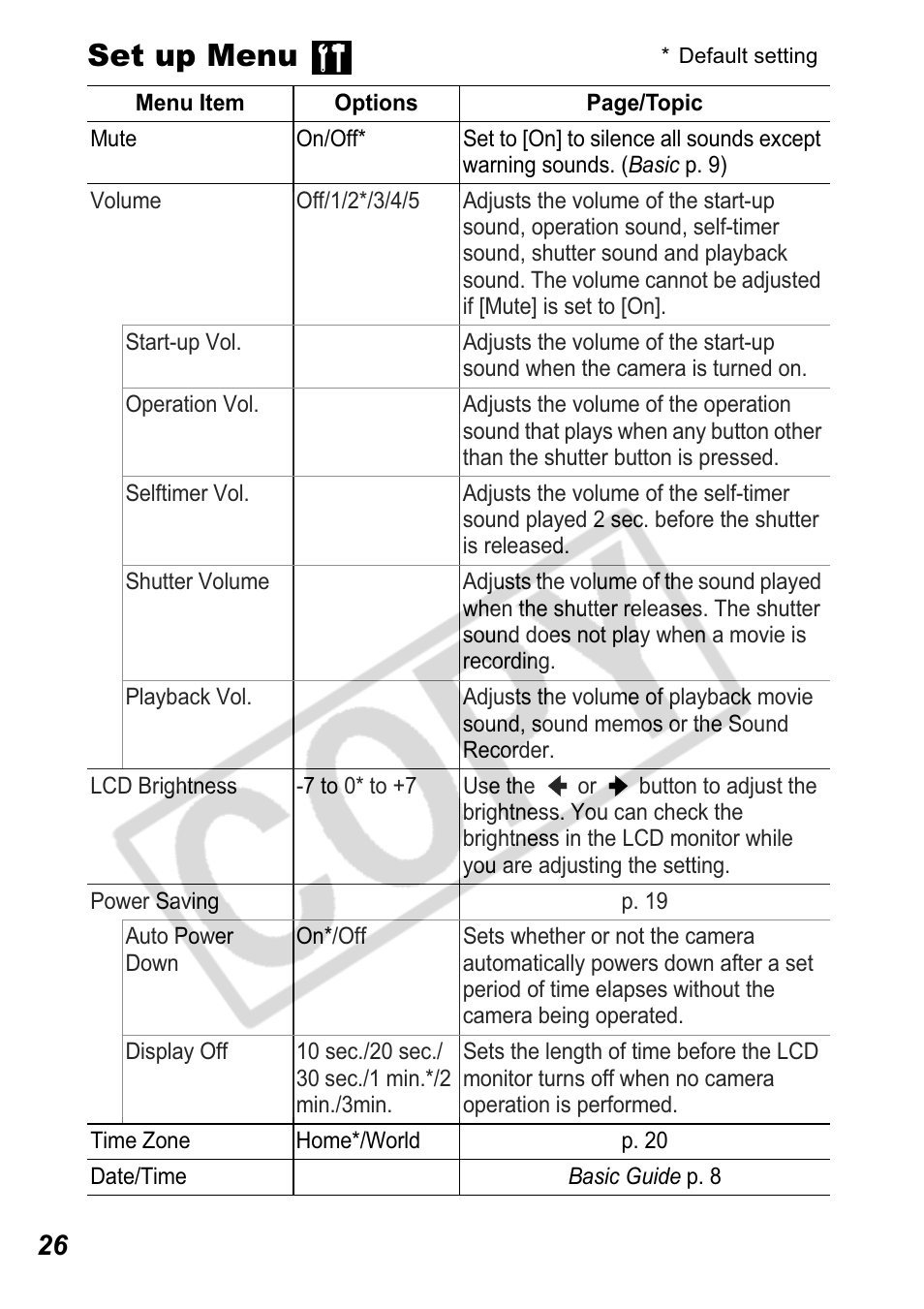 Set up menu | Canon Leather Soft Case 70 User Manual | Page 28 / 163