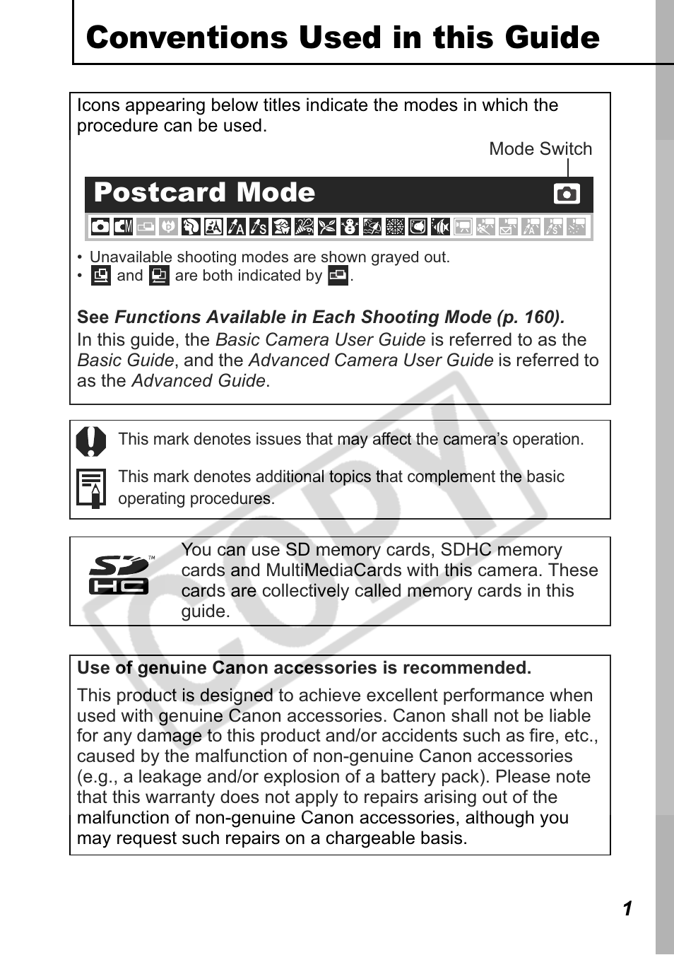 Conventions used in this guide, Postcard mode | Canon Leather Soft Case 70 User Manual | Page 3 / 163