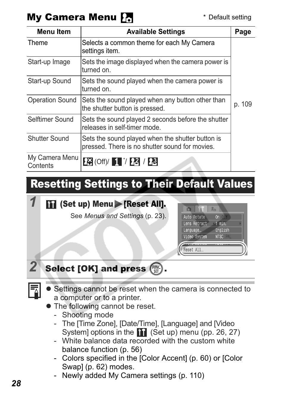 Resetting settings to their default values, My camera menu | Canon Leather Soft Case 70 User Manual | Page 30 / 163