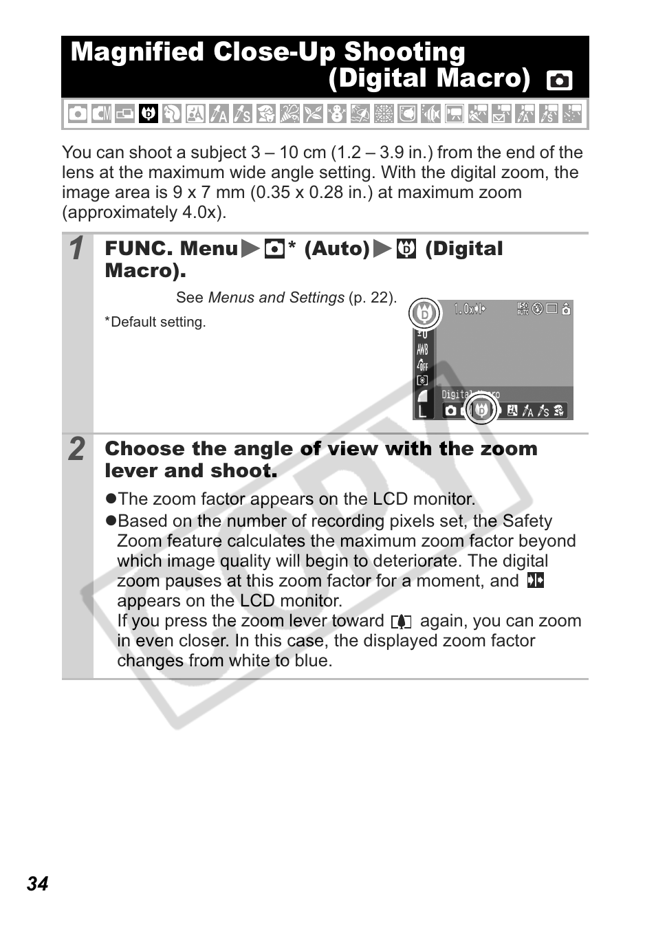 Magnified close-up shooting (digital macro) | Canon Leather Soft Case 70 User Manual | Page 36 / 163