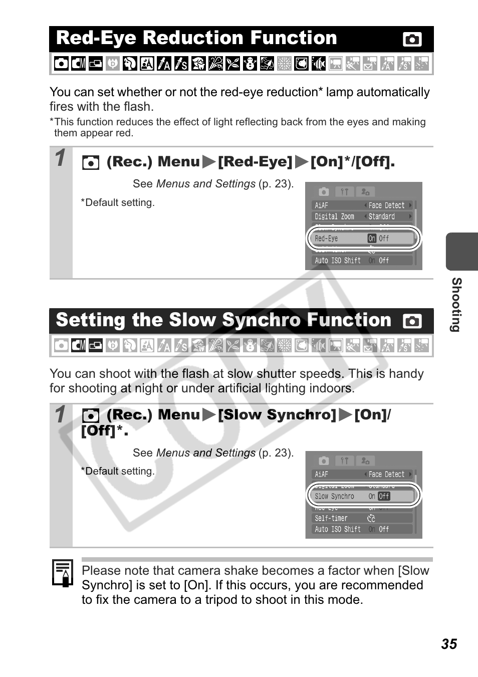 Red-eye reduction function, Setting the slow synchro function | Canon Leather Soft Case 70 User Manual | Page 37 / 163