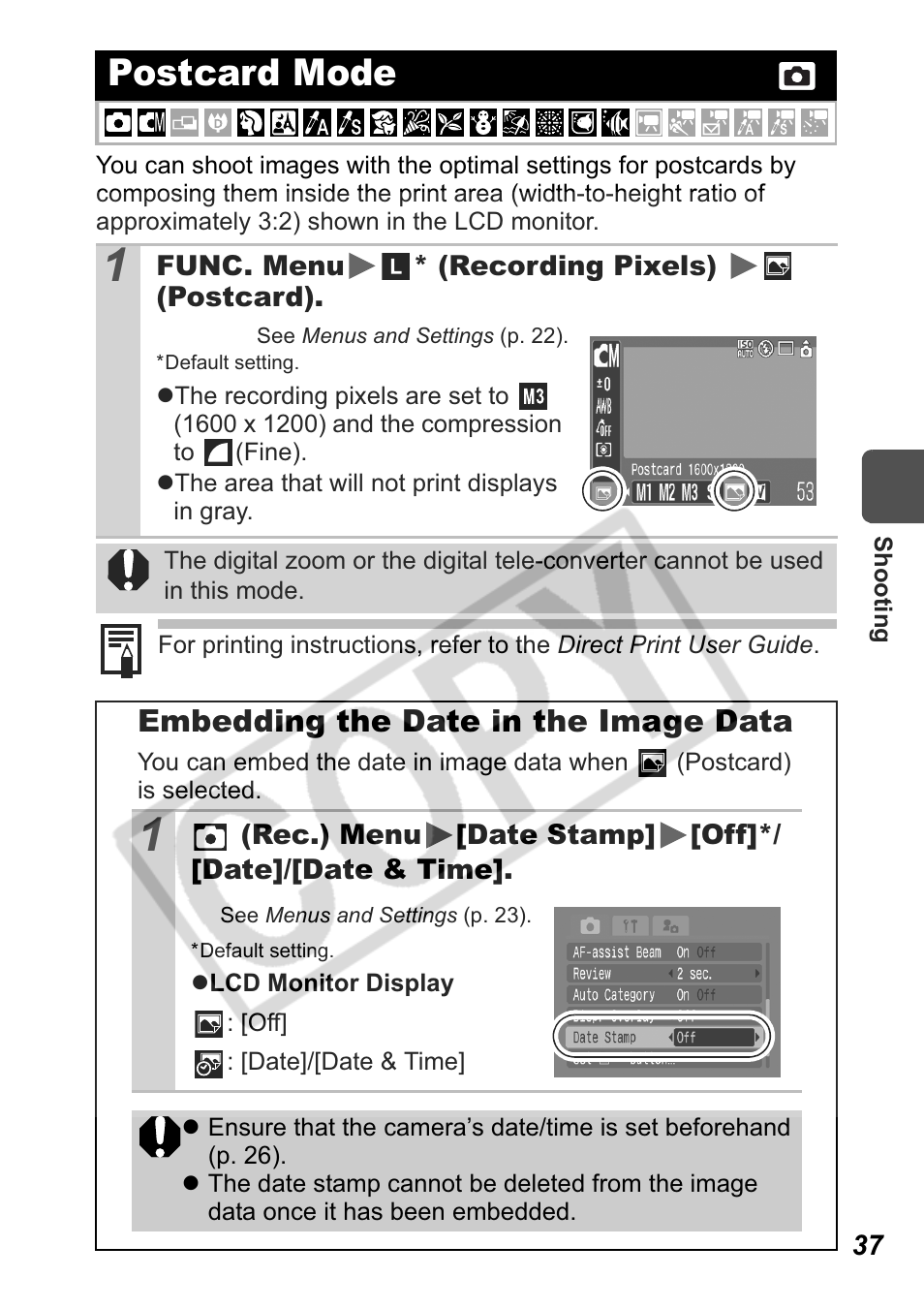Postcard mode, Embedding the date in the image data | Canon Leather Soft Case 70 User Manual | Page 39 / 163