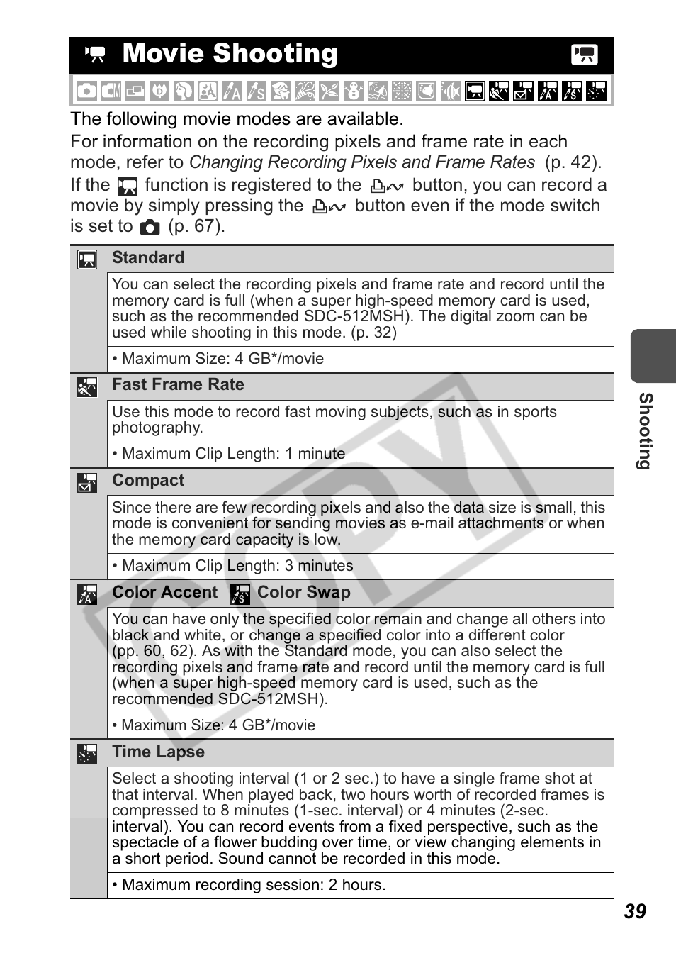 Movie shooting | Canon Leather Soft Case 70 User Manual | Page 41 / 163