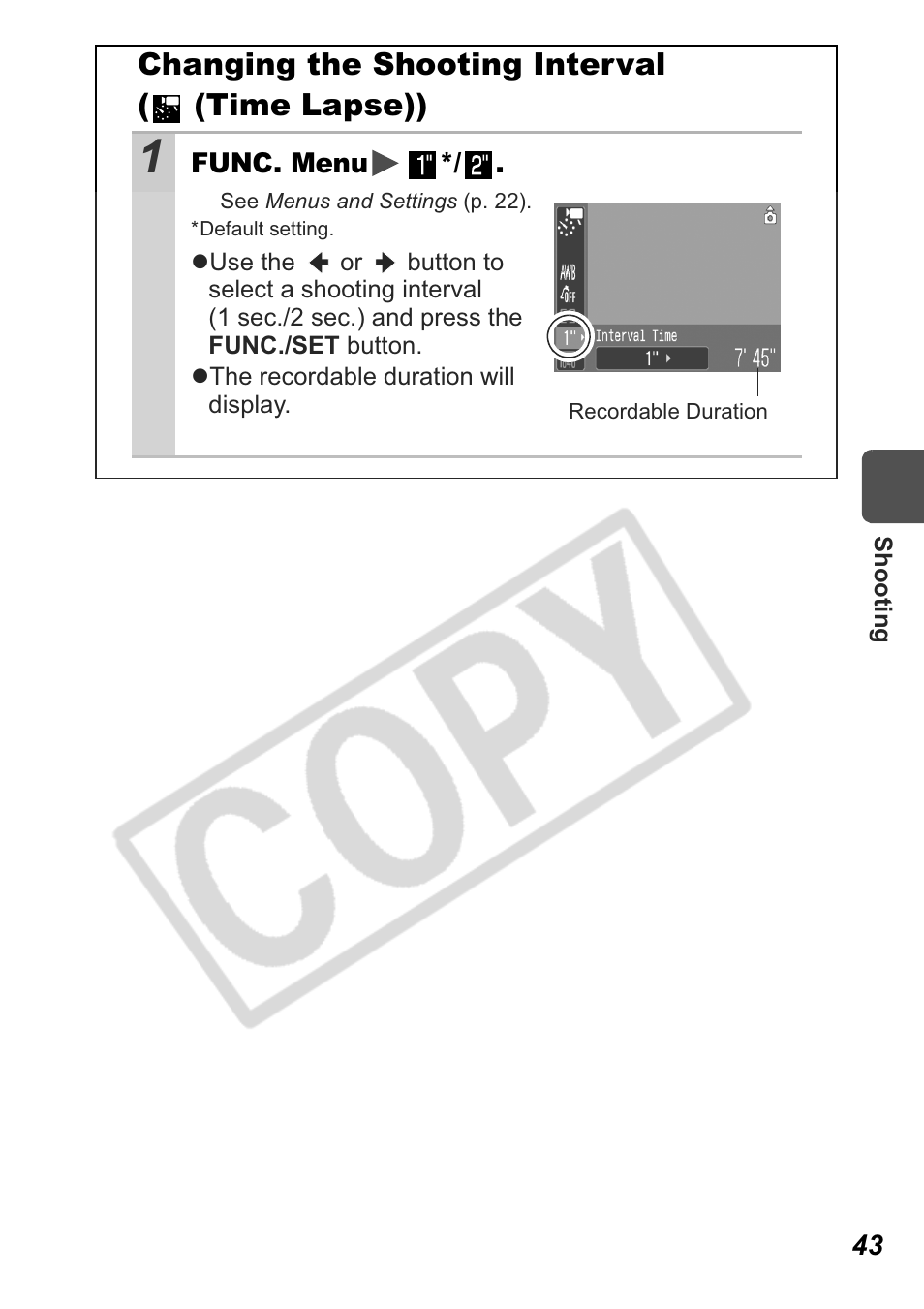 Changing the shooting interval ( (time lapse)) | Canon Leather Soft Case 70 User Manual | Page 45 / 163